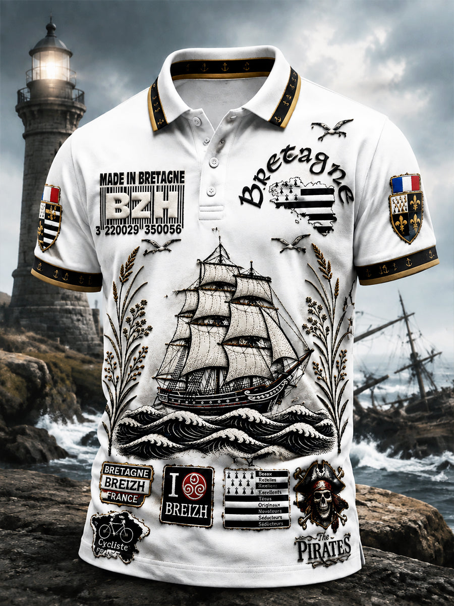 Polo Homme Blanc Style Breton Imprimé Marin Décontracté