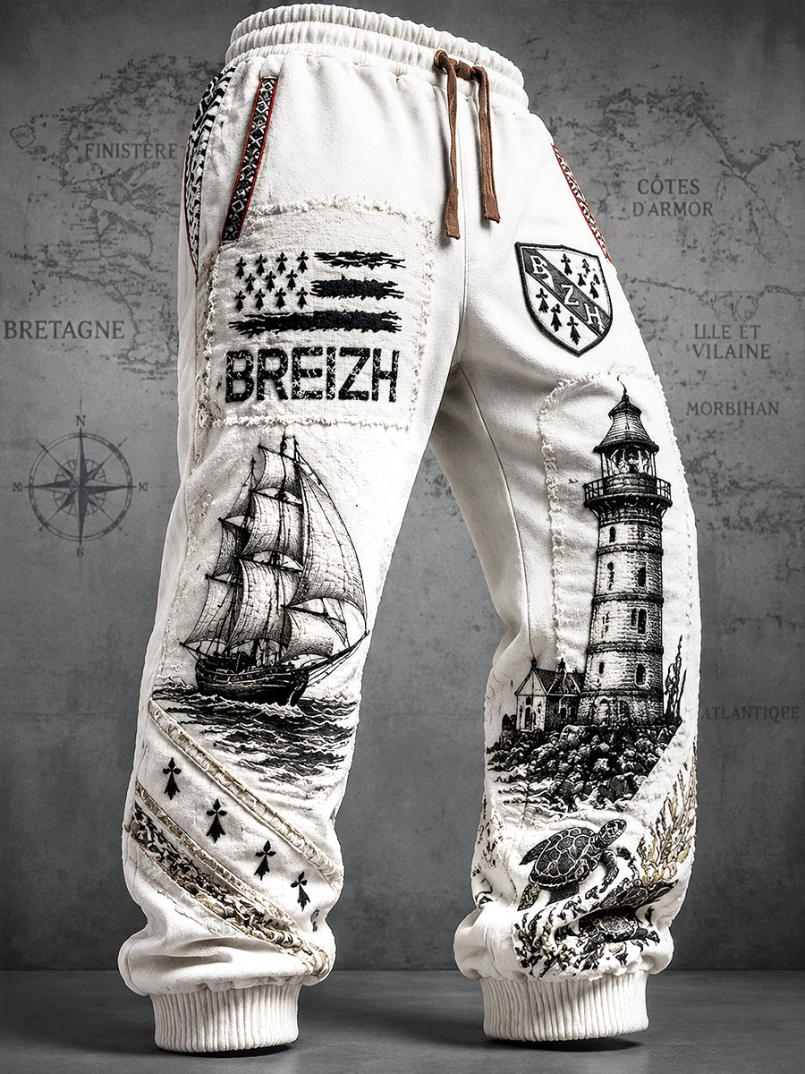 Pantalon de sport décontracté à imprimé patchwork blanc pour homme, style breton