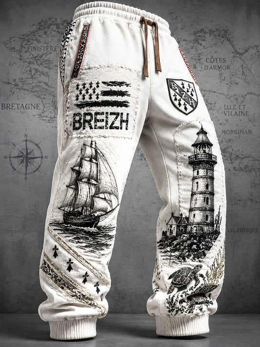 Pantalon de sport décontracté à imprimé patchwork blanc pour homme, style breton