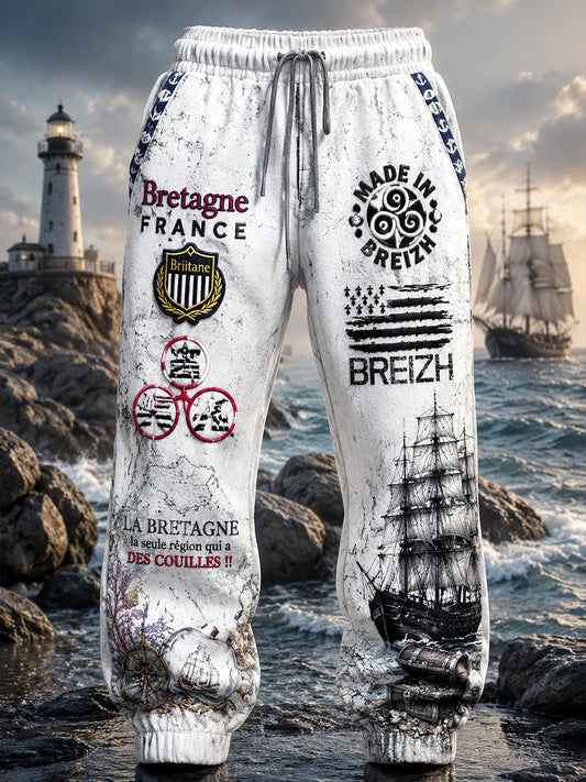 Pantalon de sport décontracté blanc à imprimé breton pour homme