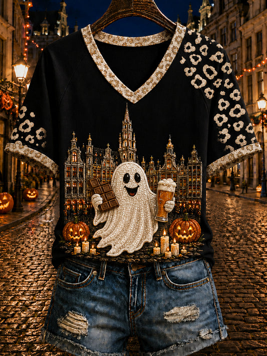 T-shirt femme Belge à manches courtes, ample, à imprimé d’Halloween, style vintage et tendance
