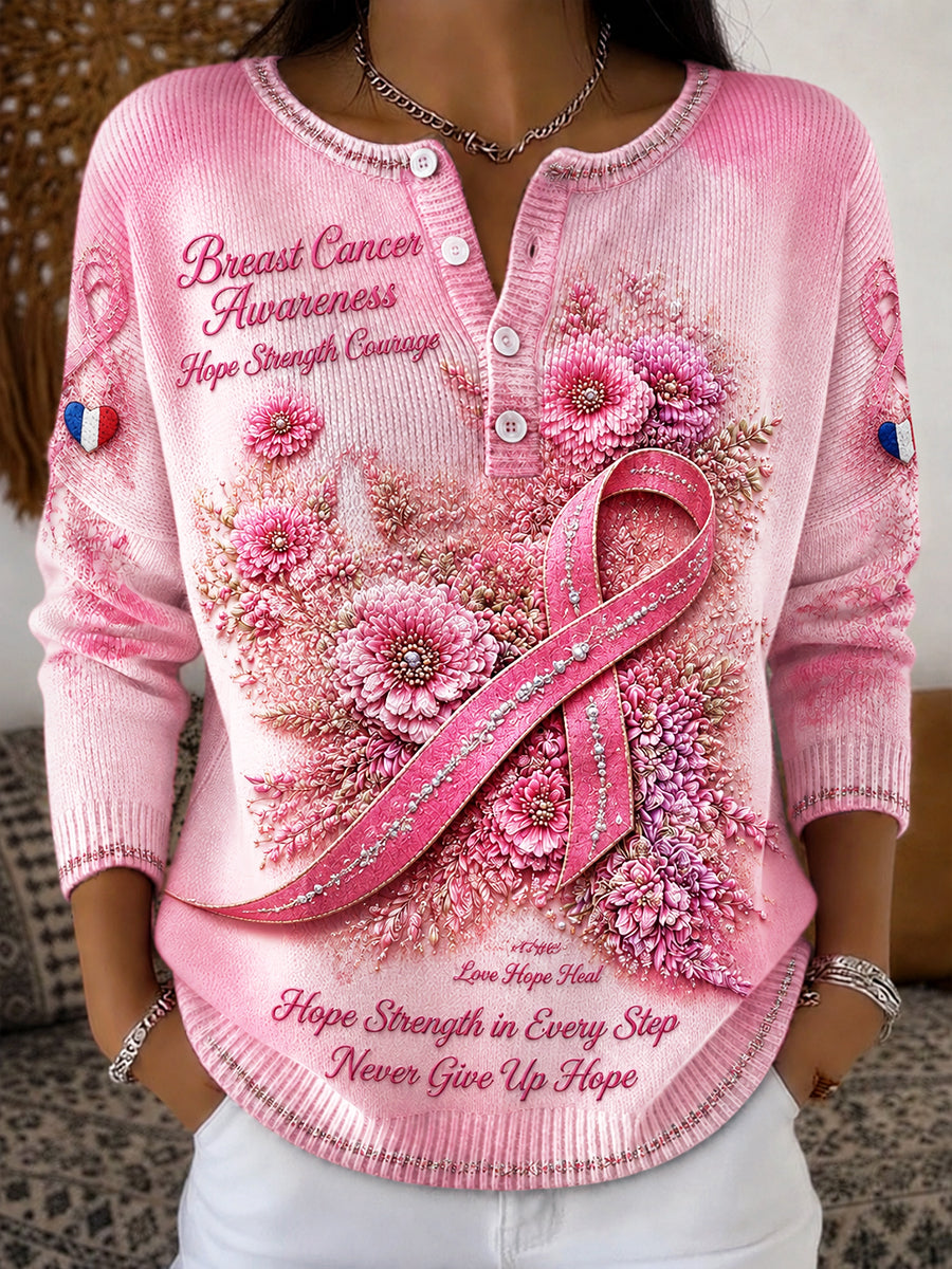Femmes French Breast Cancer Floral Print Casual Henley Neck Top