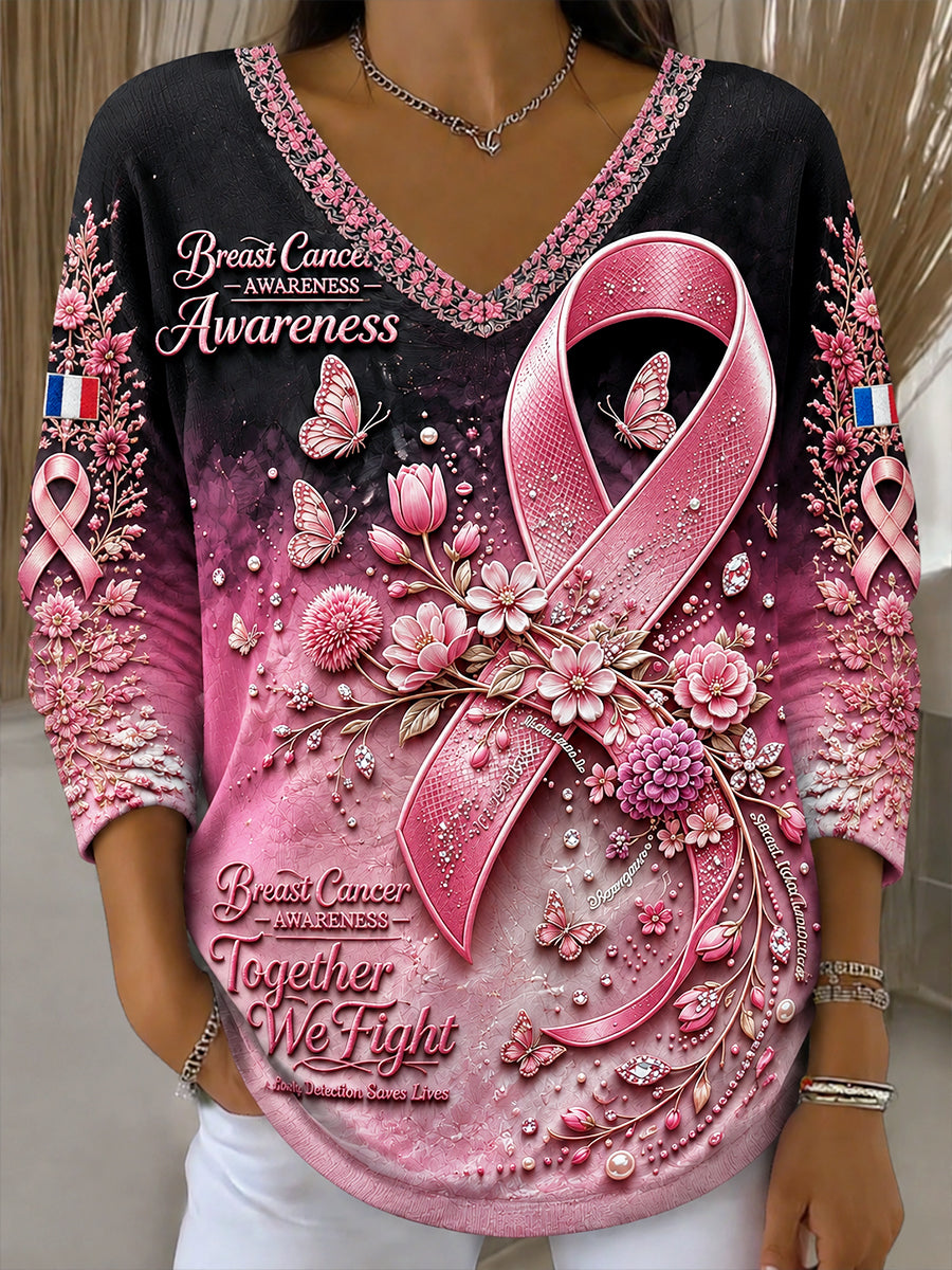 Femmes Noir et Rose Dégradé Français Cancer Du Sein Imprimer Casual V-cou Sweatshirt
