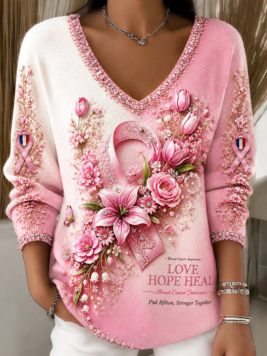 Femmes Rose Gradient Français Cancer Du Sein Imprimer Casual V-cou Sweatshirt