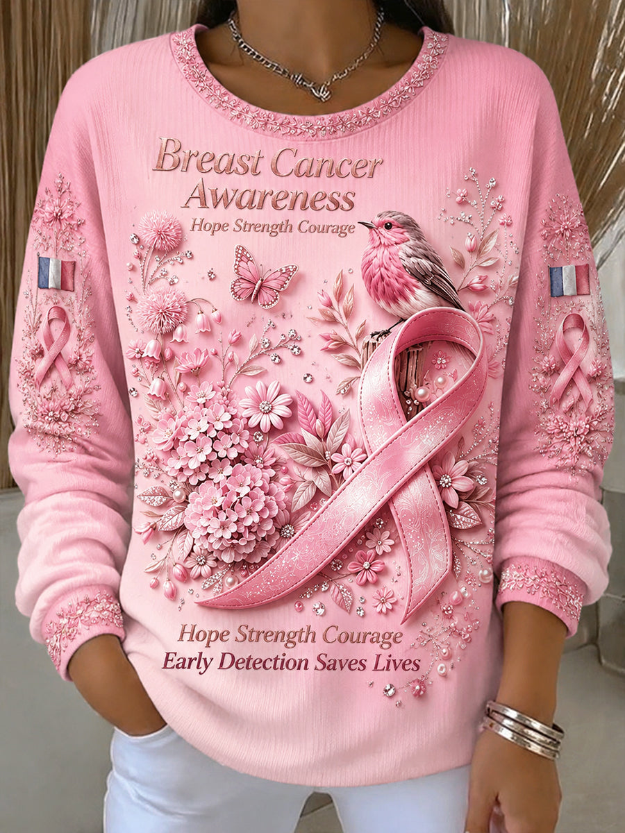 Sweatshirt Décontracté Femme Rose Français Cancer Du Sein Imprimé Floral