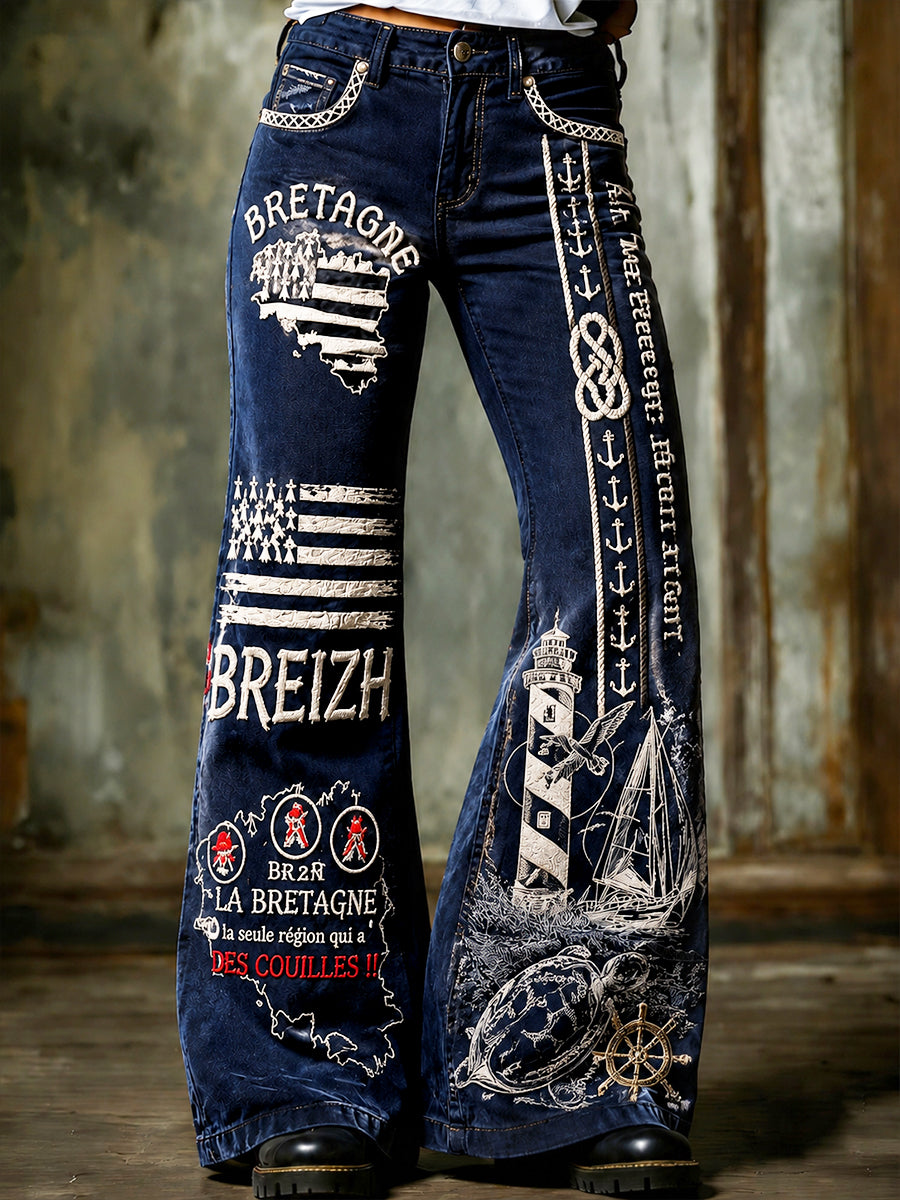 Pantalon Femme Évasé À La Mode Bleu Profond French Brittany-Print