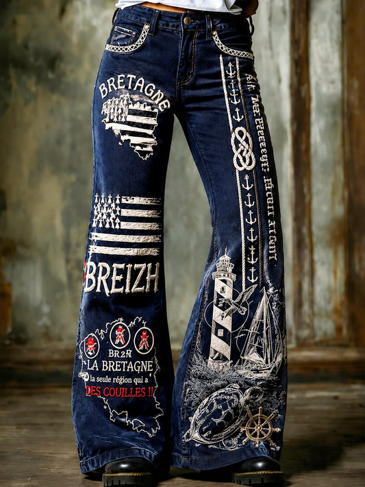 Pantalon Femme Évasé À La Mode Bleu Profond French Brittany-Print