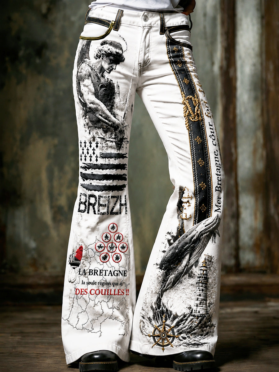 Pantalon Femme Blanc Évasé Décontracté Imprimé Breton
