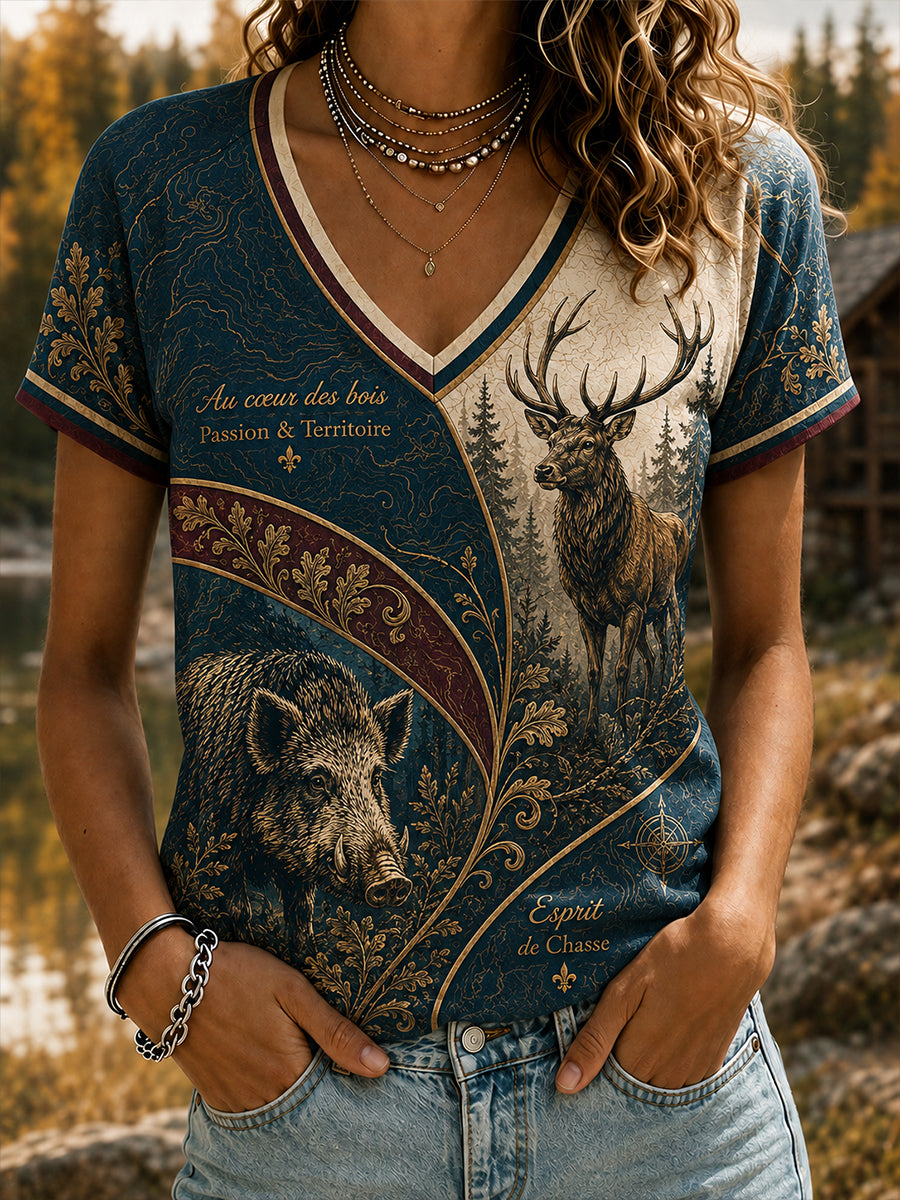 Chemise à col en V pour la saison de chasse française, modèle femme