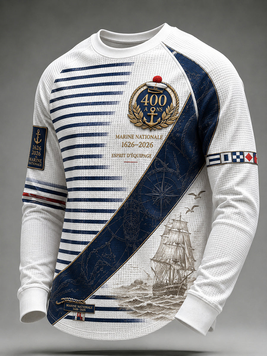T-shirt manches longues en côte piquée pour homme, bleu marine français