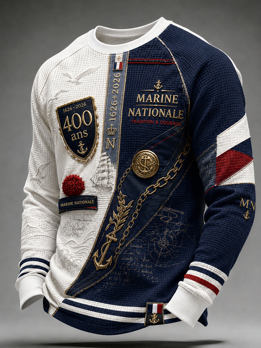T-shirt manches longues en côte piquée pour homme, bleu marine français