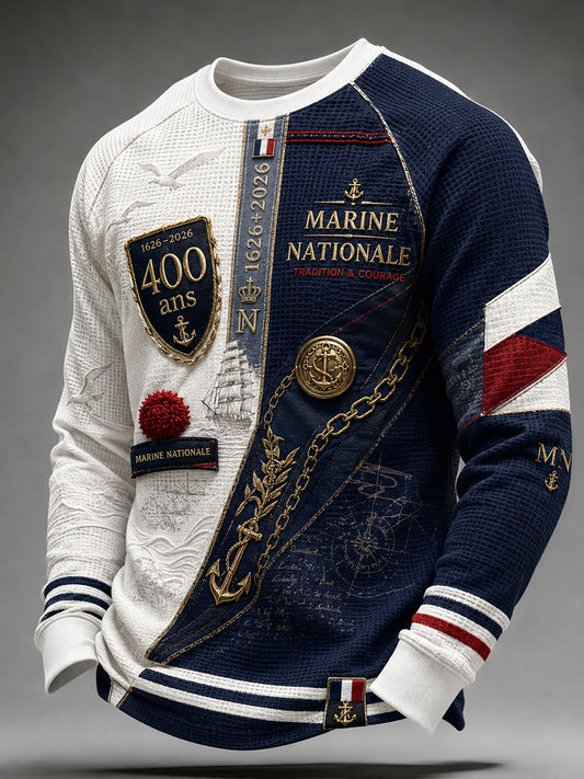 T-shirt manches longues en côte piquée pour homme, bleu marine français