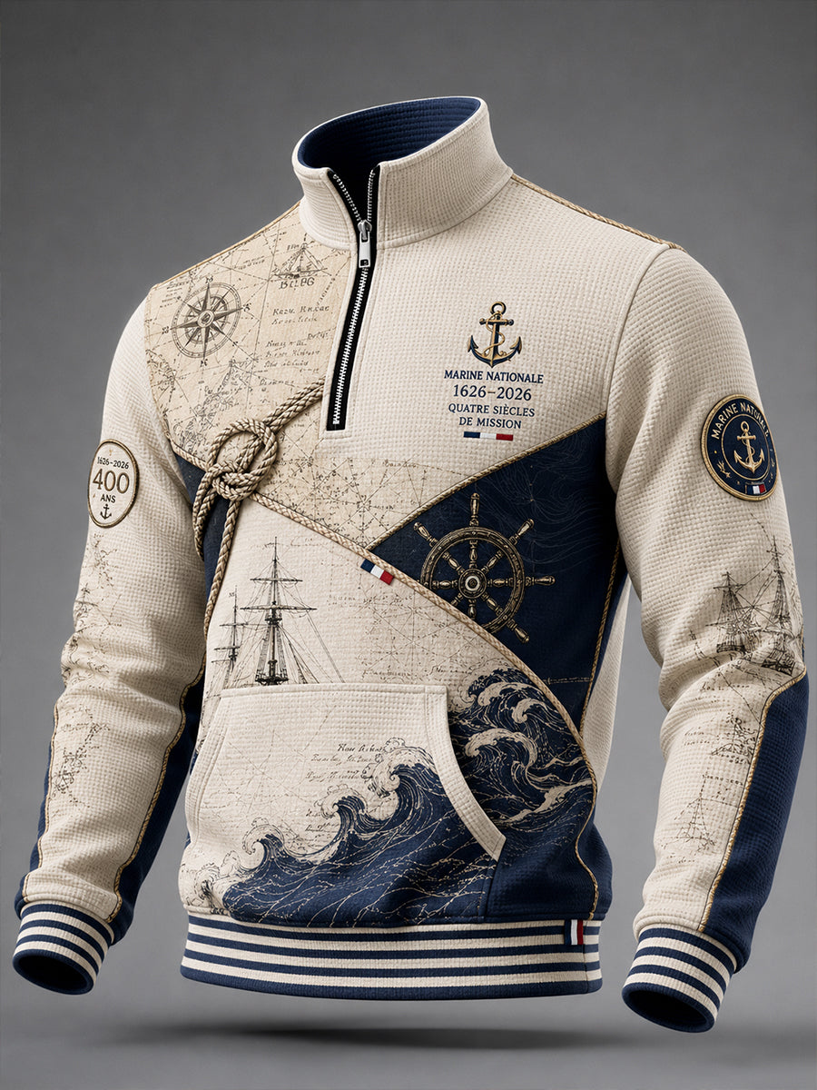 T-shirt manches longues en côte piquée pour homme, bleu marine français