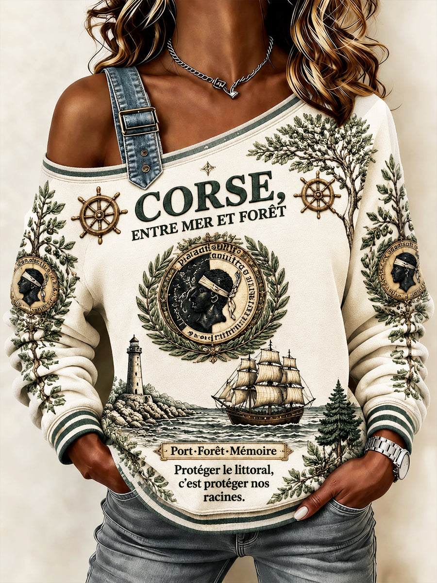 Sweat-shirt à manches longues décontracté à une épaule pour femme, imprimé corse français