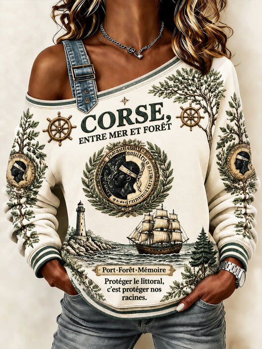 Sweat-shirt à manches longues décontracté à une épaule pour femme, imprimé corse français