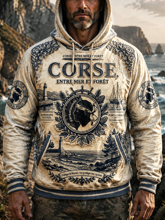 Sweat à capuche décontracté imprimé vintage corse français pour hommes