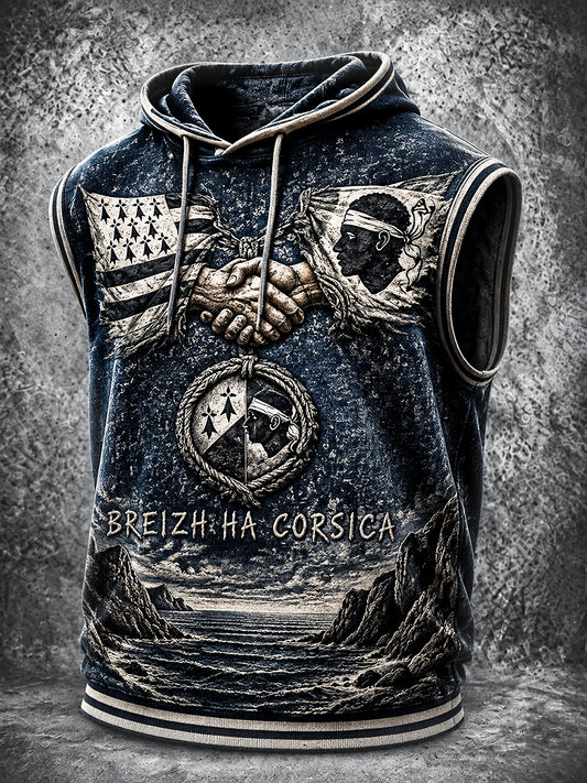 Gilet à capuche décontracté imprimé corse vintage bleu foncé pour hommes