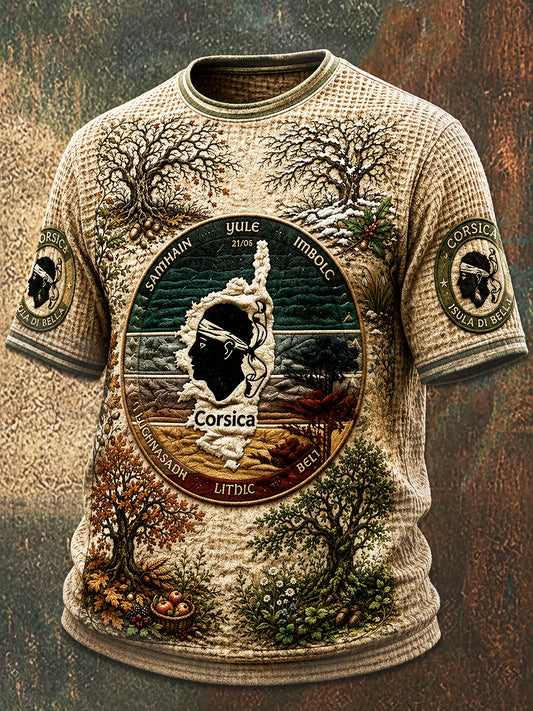 T-shirt occasionnel de tissage de gaufre d'impression corse française vintage des hommes