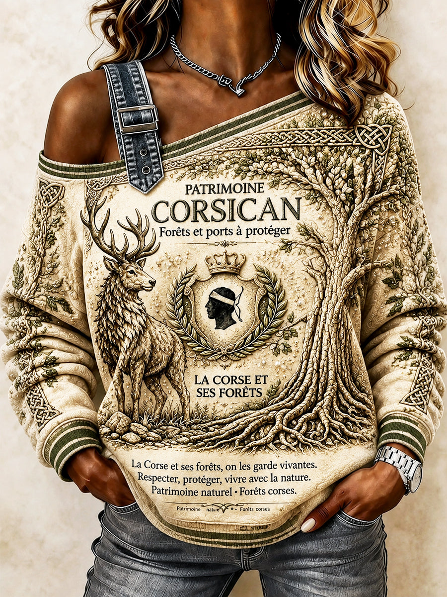 Sweat-shirt décontracté à épaules dénudées à imprimé corse français pour femme