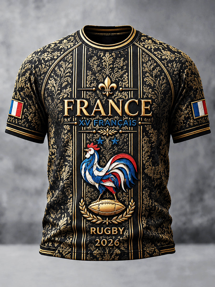 T-shirt décontracté noir à imprimé rugby automne français pour hommes