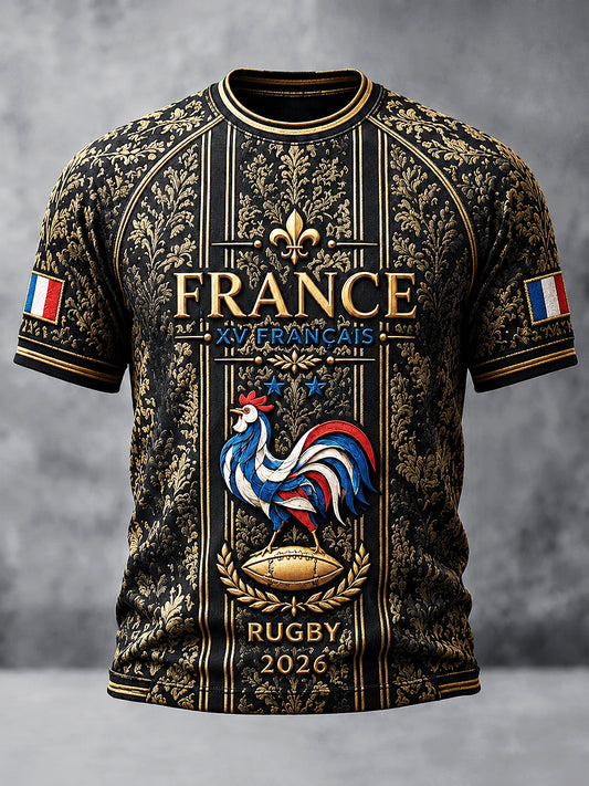 T-shirt décontracté noir à imprimé rugby automne français pour hommes