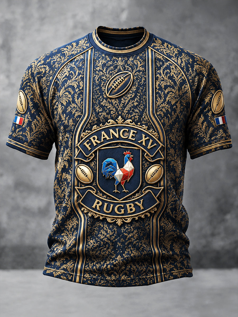 T-shirt décontracté à imprimé rugby automne français pour hommes