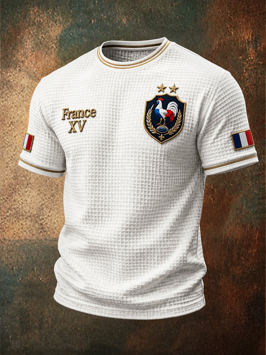 T-shirt décontracté minimaliste gaufré à imprimé rugby automne français blanc pour homme