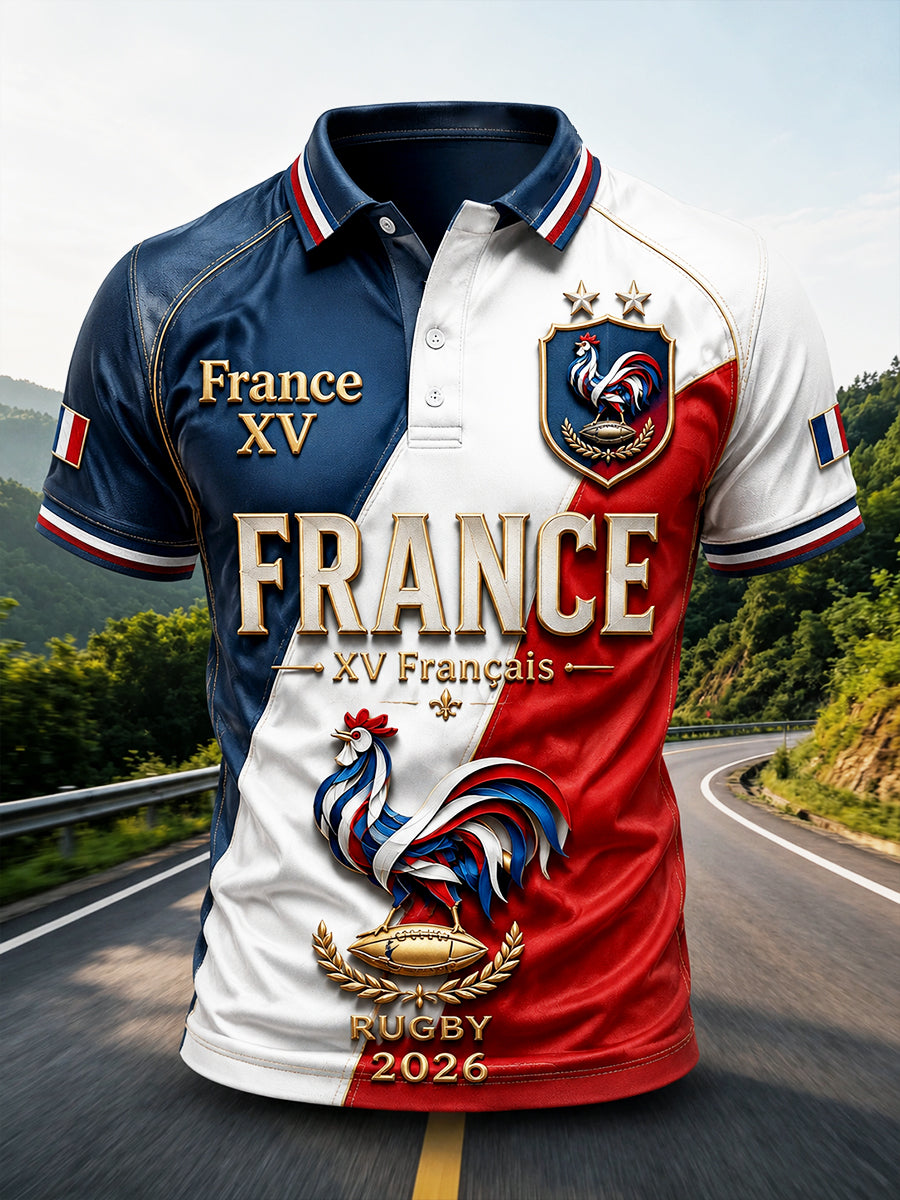 Polo décontracté imprimé de rugby d'automne français pour hommes