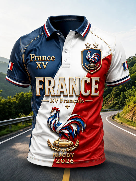 Polo décontracté imprimé de rugby d'automne français pour hommes