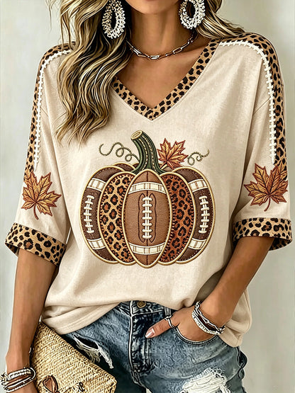 T-shirt à manches mi-longues à motif de citrouille d'automne pour femmes