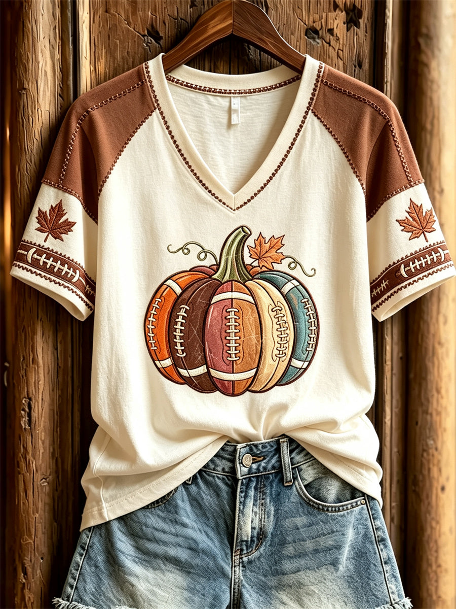 T-shirt à manches courtes automne inspiré du football féminin, avec imprimé citrouille