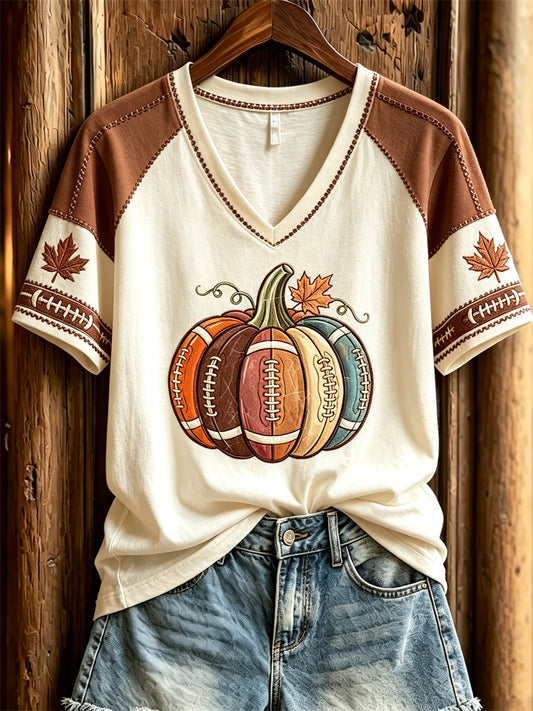 T-shirt à manches courtes automne inspiré du football féminin, avec imprimé citrouille