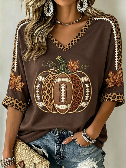 T-shirt à manches mi-longues à motif de citrouille d'automne pour femmes