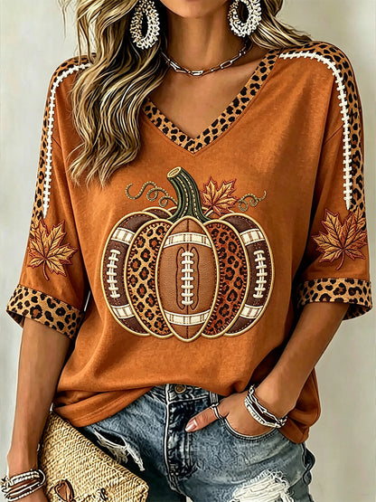 T-shirt à manches mi-longues à motif de citrouille d'automne pour femmes