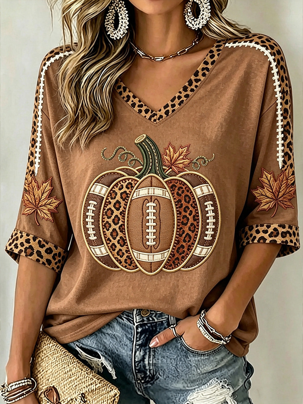 T-shirt à manches mi-longues à motif de citrouille d'automne pour femmes