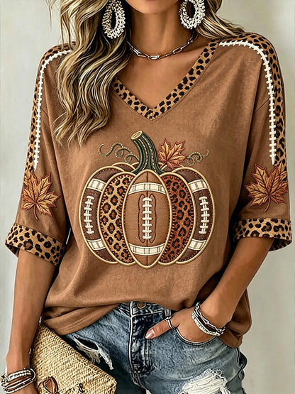 T-shirt à manches mi-longues à motif de citrouille d'automne pour femmes