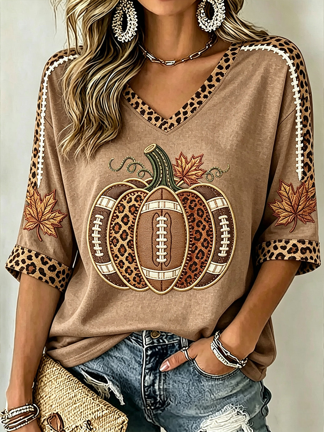 T-shirt à manches mi-longues à motif de citrouille d'automne pour femmes