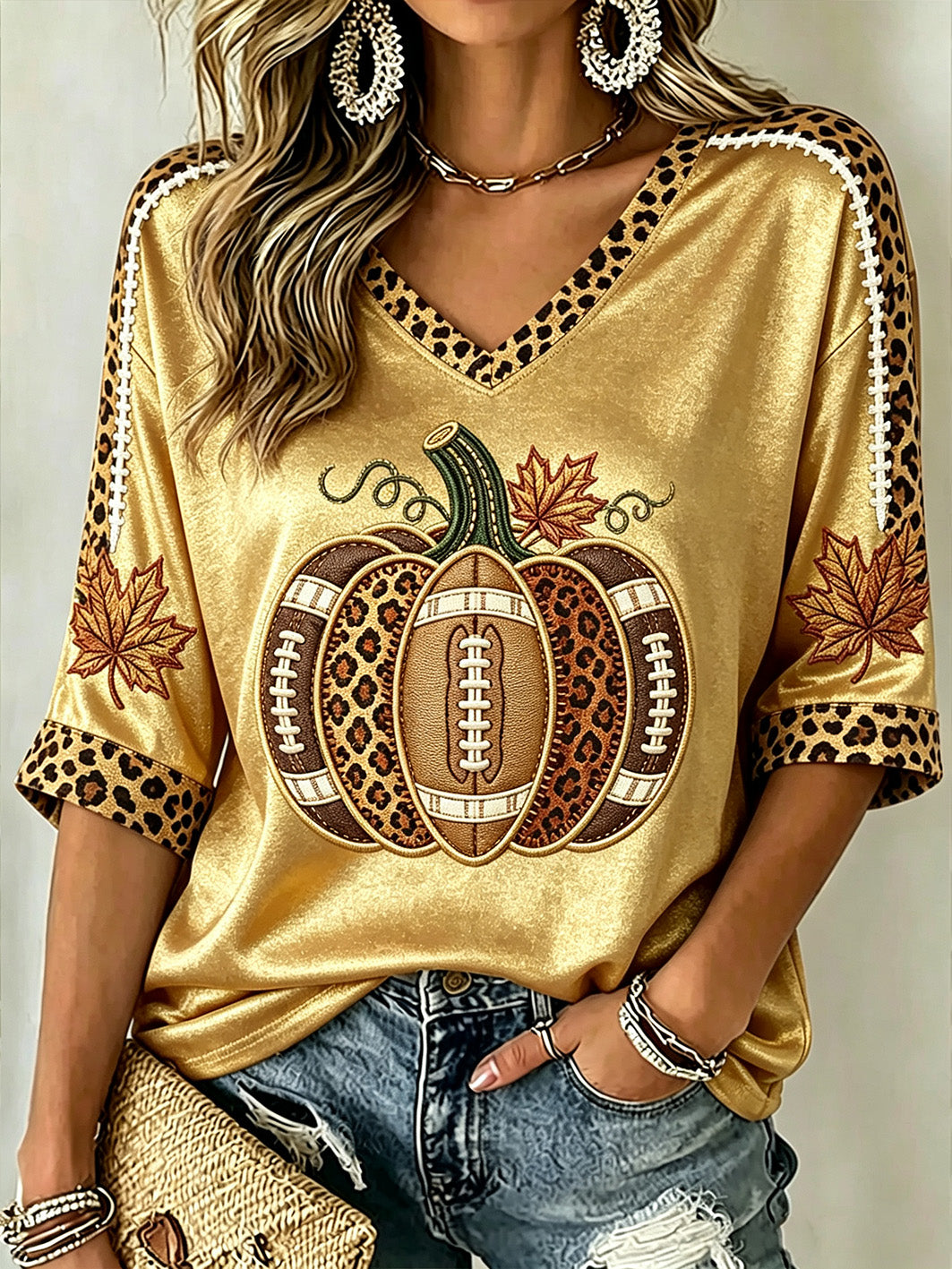 T-shirt à manches mi-longues à motif de citrouille d'automne pour femmes