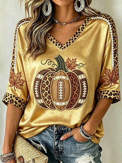 T-shirt à manches mi-longues à motif de citrouille d'automne pour femmes