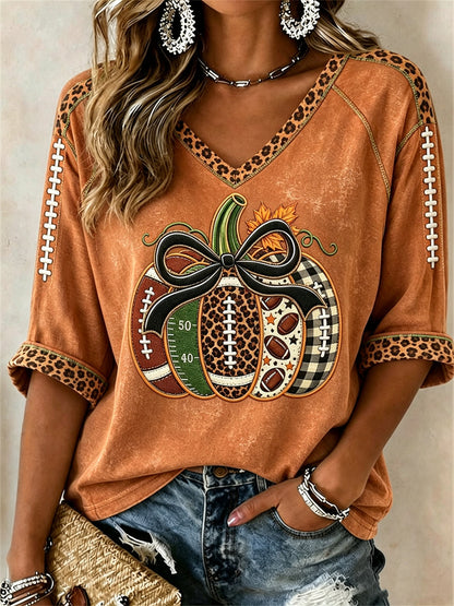 Femmes Football Inspiré Automne Citrouille Imprimer Mi-longueur manches V-Neck T-Shirt