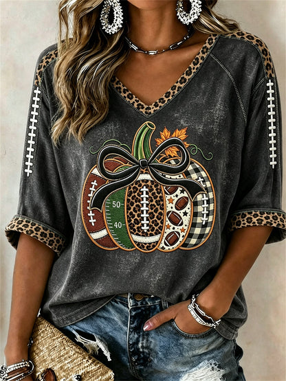 Femmes Football Inspiré Automne Citrouille Imprimer Mi-longueur manches V-Neck T-Shirt