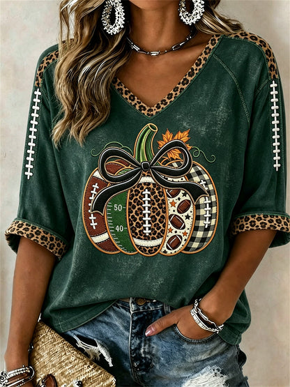 Femmes Football Inspiré Automne Citrouille Imprimer Mi-longueur manches V-Neck T-Shirt