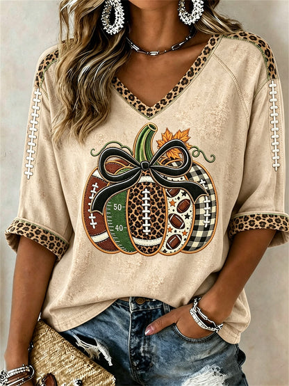 Femmes Football Inspiré Automne Citrouille Imprimer Mi-longueur manches V-Neck T-Shirt