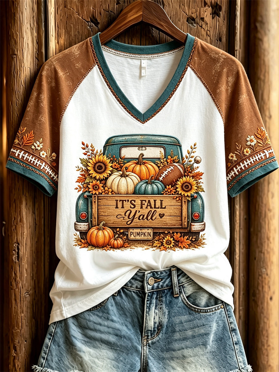 T-shirt à manches courtes It's Fall Y'all Football & Fall Pumpkins Floral Truck Print pour femme