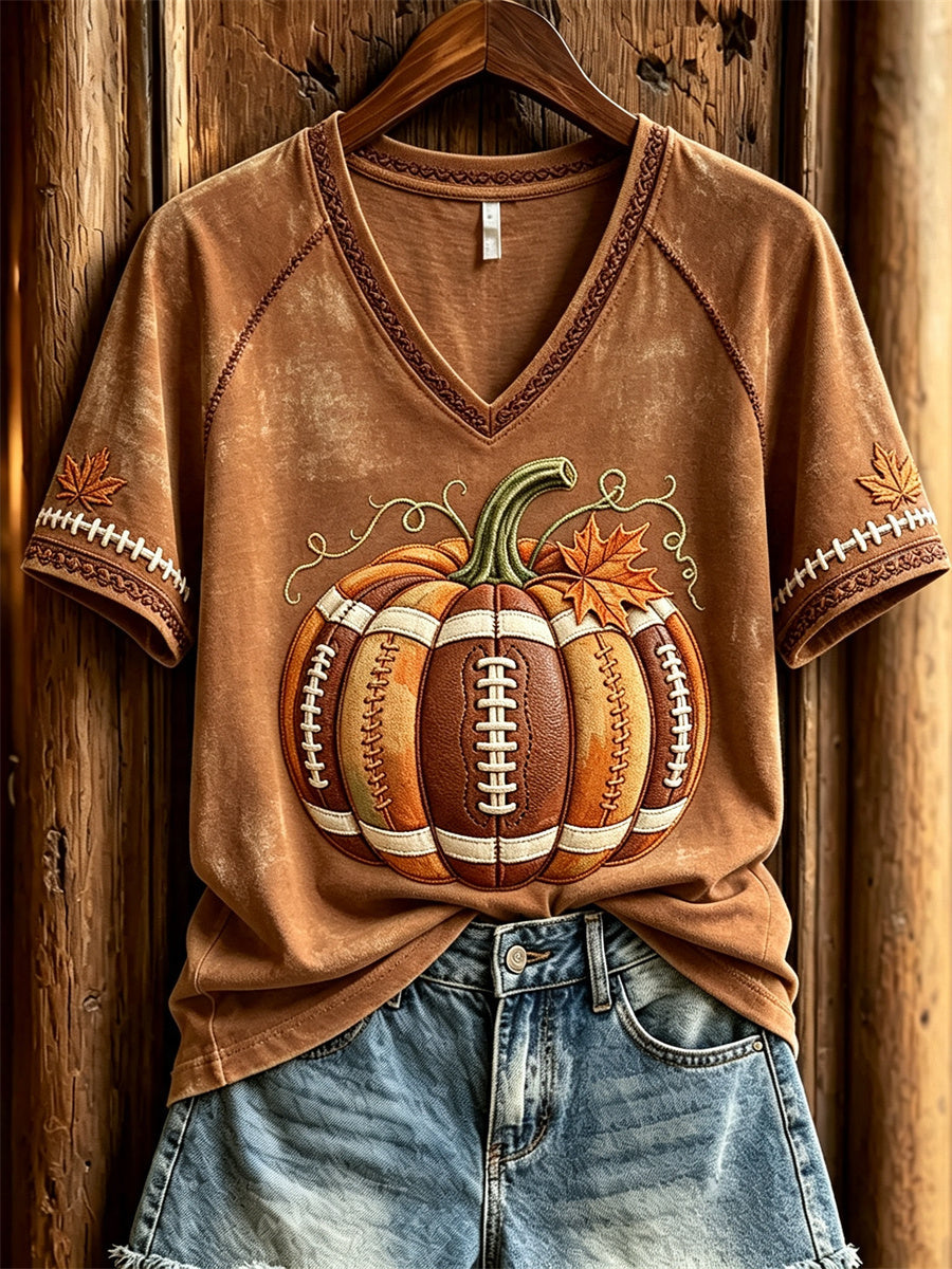 T-shirt à manches courtes automne inspiré du football féminin, avec imprimé citrouille