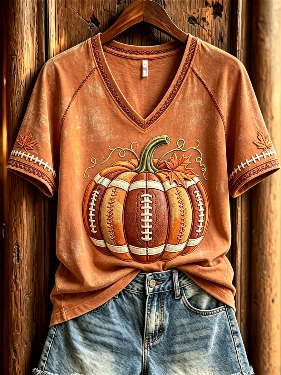 T-shirt à manches courtes automne inspiré du football féminin, avec imprimé citrouille