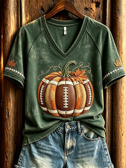 T-shirt à manches courtes automne inspiré du football féminin, avec imprimé citrouille