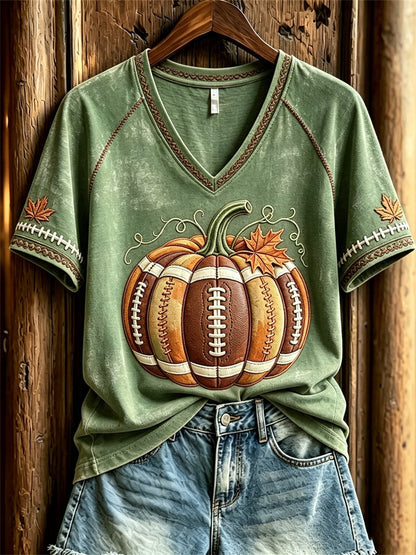 T-shirt à manches courtes automne inspiré du football féminin, avec imprimé citrouille