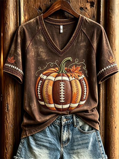 T-shirt à manches courtes automne inspiré du football féminin, avec imprimé citrouille