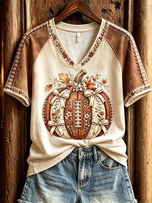T-shirt à manches courtes imprimé floral citrouille d'automne inspiré du football féminin